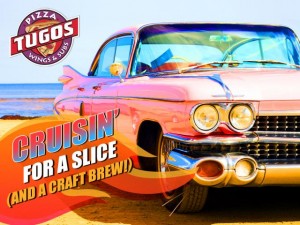 A classic car on the beach with text that says "Cruisin' for a slice (and a craft brew)"