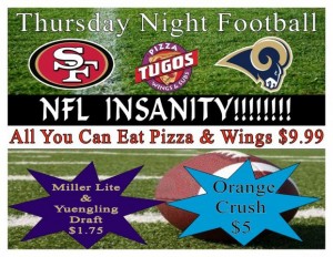 Thursday NFL Insanity AUCE Special at Pizza Tugos ad