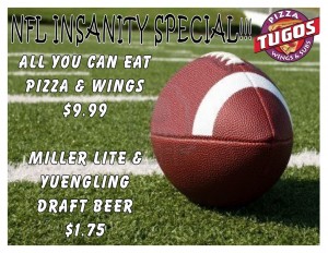 NFL Insanity Special $9.99 AUCE at Pizza Tugos ad