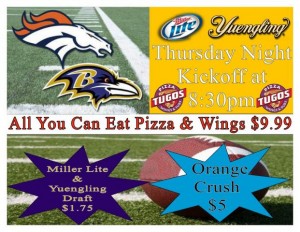 Kickoff the NFL Season at Pizza Tugos in Ocean City! Baltimore Ravens vs Denver Broncos