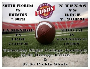 Thursday Night College Football at Pizza Tugos featuring Four Games ad