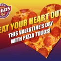 A heart shaped pizza that says "eat your heart out this Valentine's Day with Pizza Tugos"