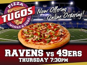 Ravens vs 49ers Game at Pizza Tugos ad