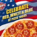 American Flag and a Pizza with text that reads " Celebrate Red White and Blue at Pizza Tugos" for the 4th of July in Ocean City, MD