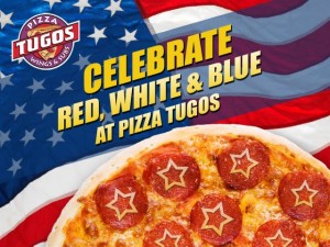 American Flag and a Pizza with text that reads " Celebrate Red White and Blue at Pizza Tugos" for the 4th of July in Ocean City, MD
