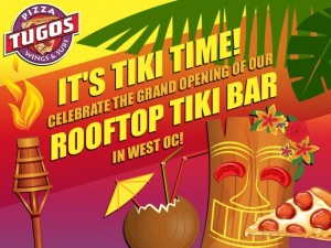 Tropical graphics with text that reads "It's Tiki Time! Celebrate The Grand Opening of our Rooftop Tiki Bar in West OC!"