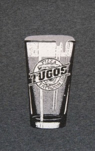 Tugos Taproom Beer Decal Heather Blue Shirt Close Up