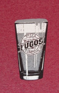 Tugos Taproom Beer Decal Red Shirt Close Up