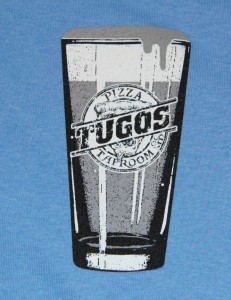 Tugos Taproom Beer Decal Periwinkle Shirt Up Close