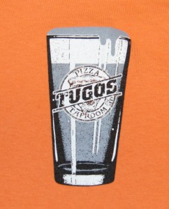 Tugos Taproom Beer Decal Orange Shirt Up Close