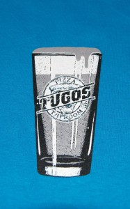 Tugos Taproom Beer Decal Turquoise Shirt Up Close