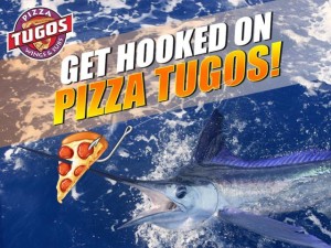 A White Marlin in Ocean City, MD with the text "Get Hooked on Pizza Tugos"