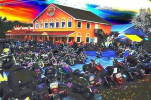 Bikes parked out of Pizza Tugos in Ocean City, MD for Bike Week