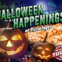 Jack-O-Lanterns and a pizza with text that reads "Halloween Happenings at Pizza Tugos"