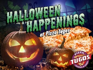 Jack-O-Lanterns and a pizza with text that reads "Halloween Happenings at Pizza Tugos"