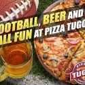 A football, beer, and pizza with text that reads "Football, Beer, and Fall Fun at Pizza Tugos"