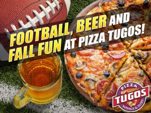 A football, beer, and pizza with text that reads "Football, Beer, and Fall Fun at Pizza Tugos"