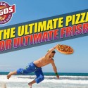 A guy playing frisbee on the beach in Ocean City, MD and text that reads "The Ultimate Pizza for Ultimate Frisbee"