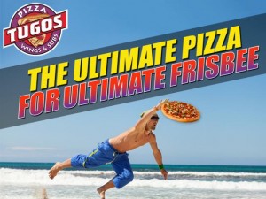 A guy playing frisbee on the beach in Ocean City, MD and text that reads "The Ultimate Pizza for Ultimate Frisbee"