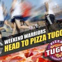 People running on the Ocean City boardwalk with text that reads "Weekend Warriors Head to Pizza Tugos"