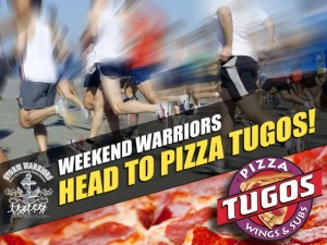 People running on the Ocean City boardwalk with text that reads "Weekend Warriors Head to Pizza Tugos"