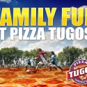 graphic showing kids playing soccer on pizza with text that reads "Family Fun at Pizza Tugos"