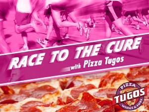 Runners at the Susan G. Koman Race for the Cure in Ocean City MD with text that says Race To The Cure with Pizza Tugos!