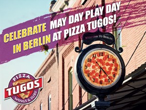 "Celebrate May Day Play Day in Berlin at Pizza Tugos" written over an image of downtown Berlin, MD.