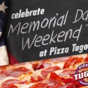 Pepperoni pizza and American flag with text that reads "Celebrate Memorial Day Weekend at Pizza Tugos"